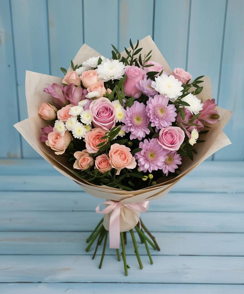 Букет цветов из: Хризантемы, Розы и Альстромерии в Зетеречный
