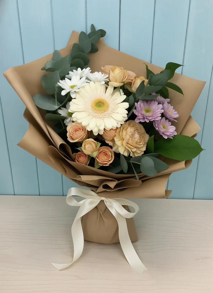 Букет цветов из: Герберы и Хризантемы в Зетеречный