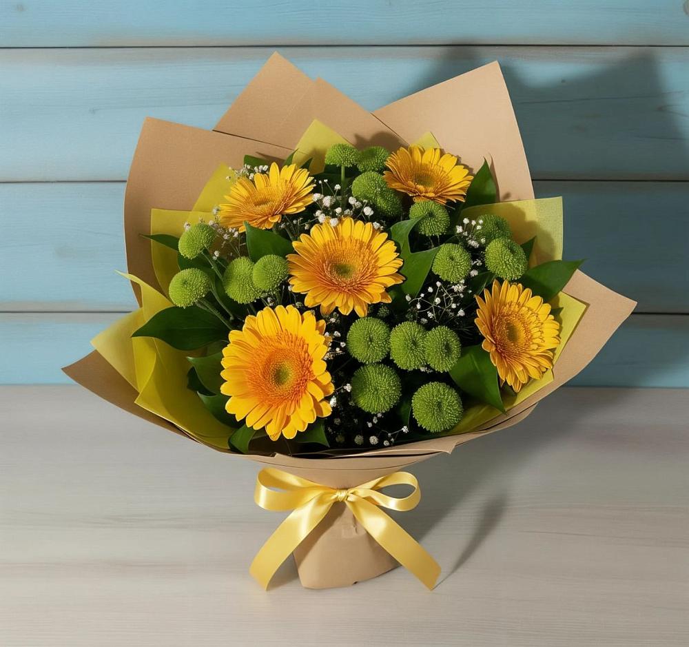 Букет цветов из: Герберы и Хризантемы в Зетеречный