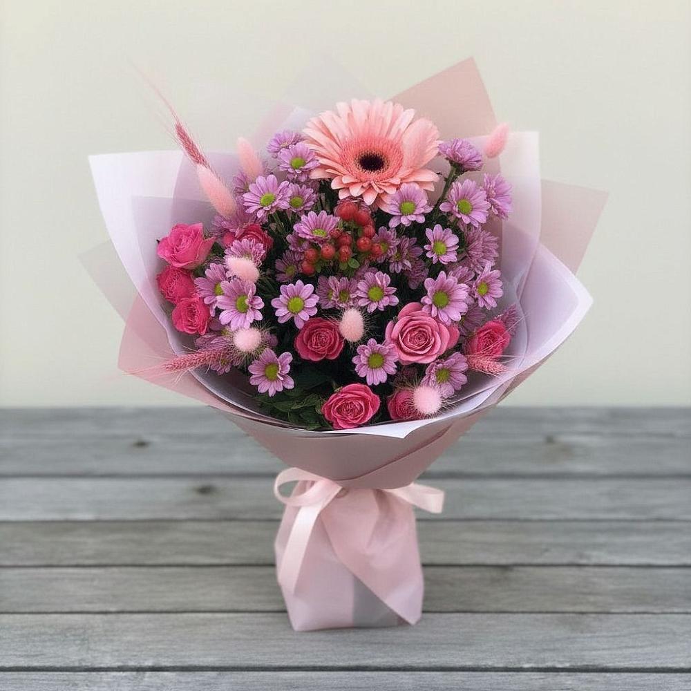 Букет цветов из: Розы, Герберы и Хризантемы в Зетеречный