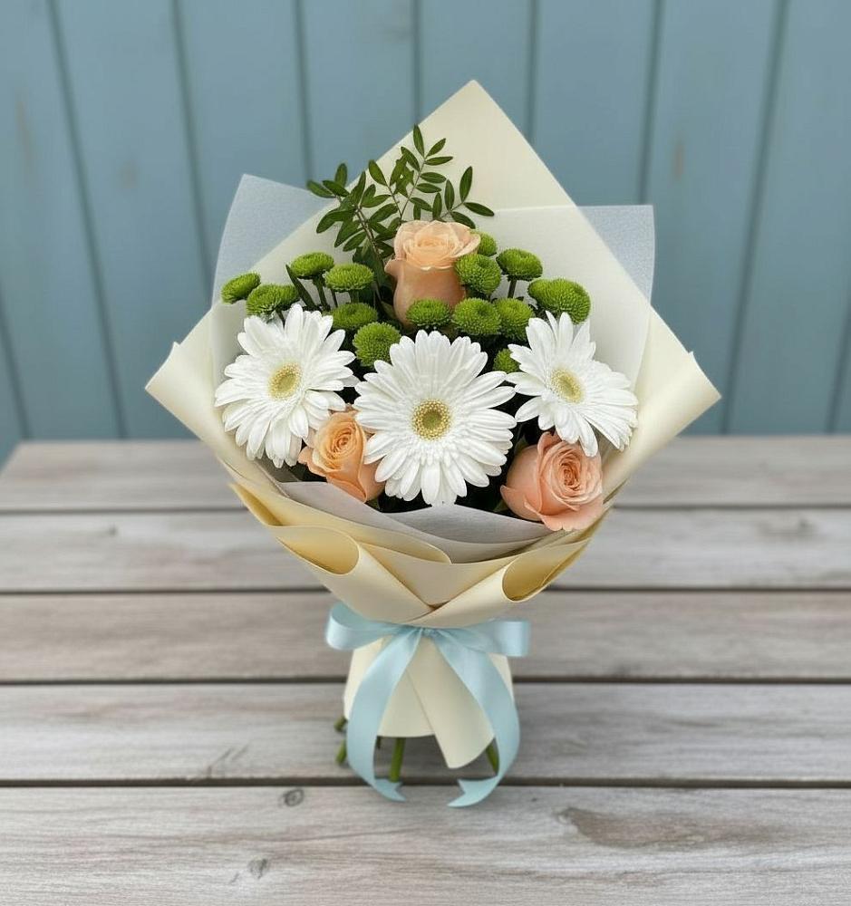 Букет цветов из: Герберы, Розы и Хризантемы в Зетеречный