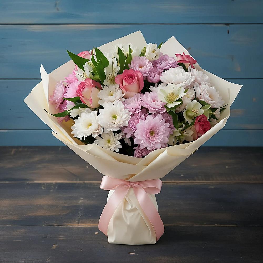 Букет цветов из: Хризантемы, Альстромерии и Розы в Зетеречный